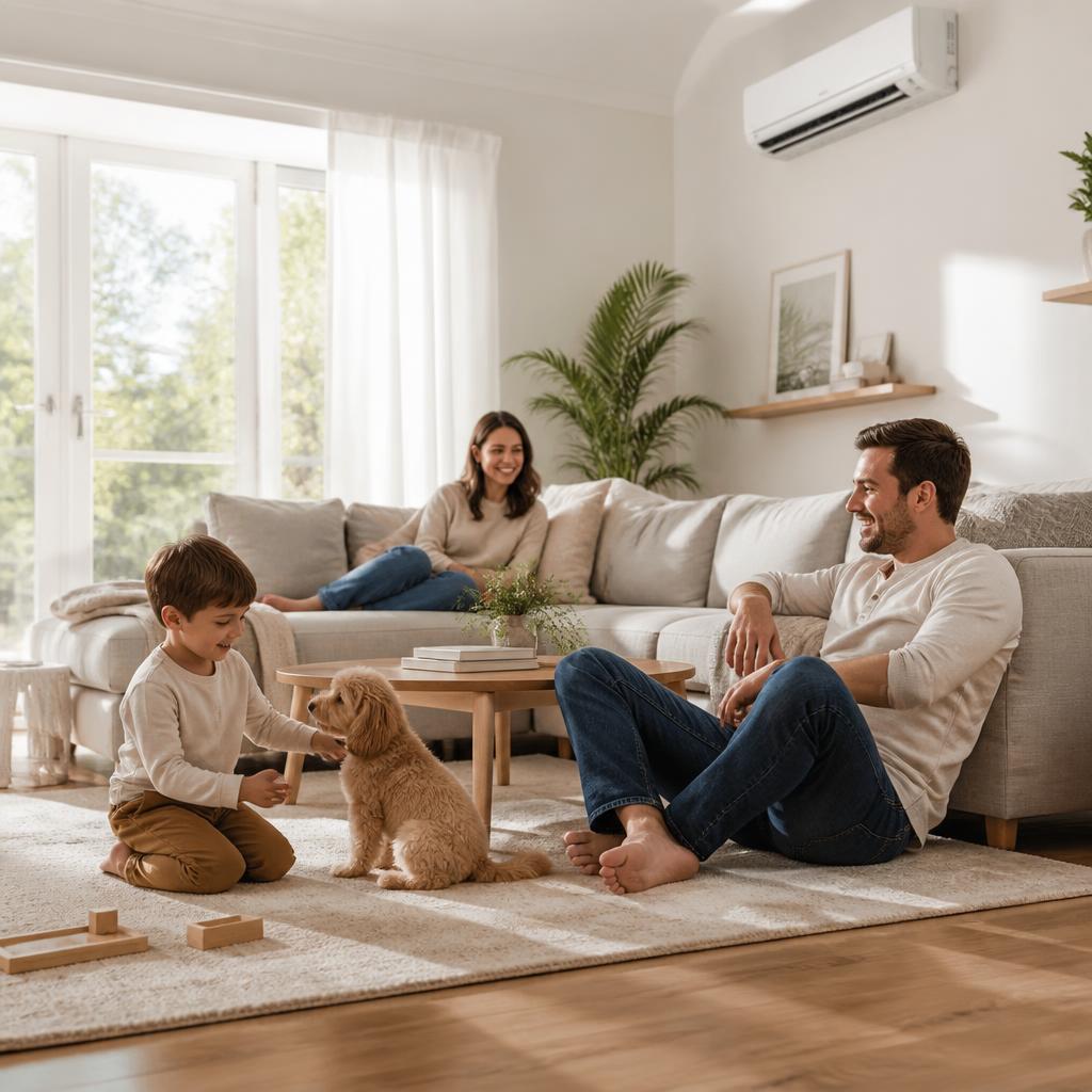 Family relaxing in a clean, fresh-air home